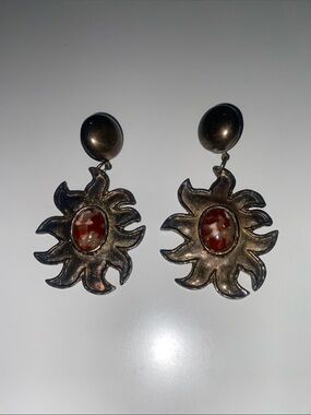 Sunburst Drop Earrings with Red Agate Center and Antique Finish